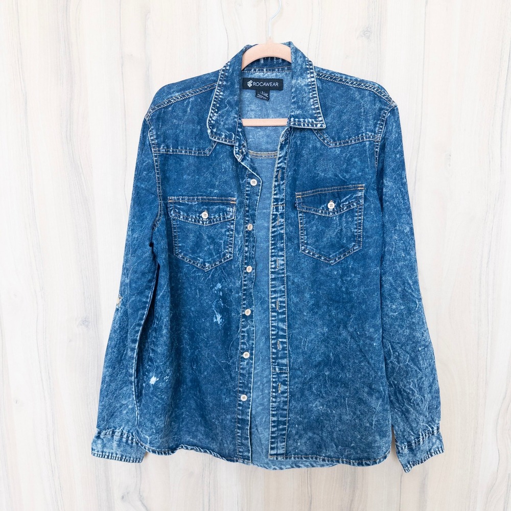 Rocawear Mens Denim Button Down Shirt L Blue Acid Wash Long Sleeve Western Y2K
